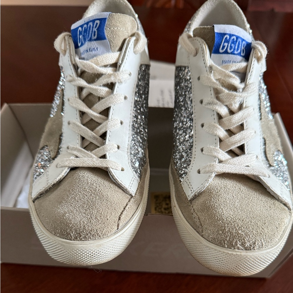 Golden Goose Beige and Silver Sneakers